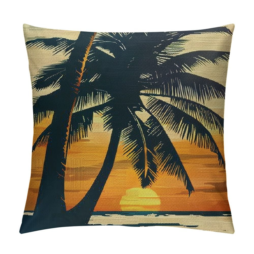 Erxjss Throw Pillow Cover Palm Tree Waves in The Beach at Sunset Cotton ...