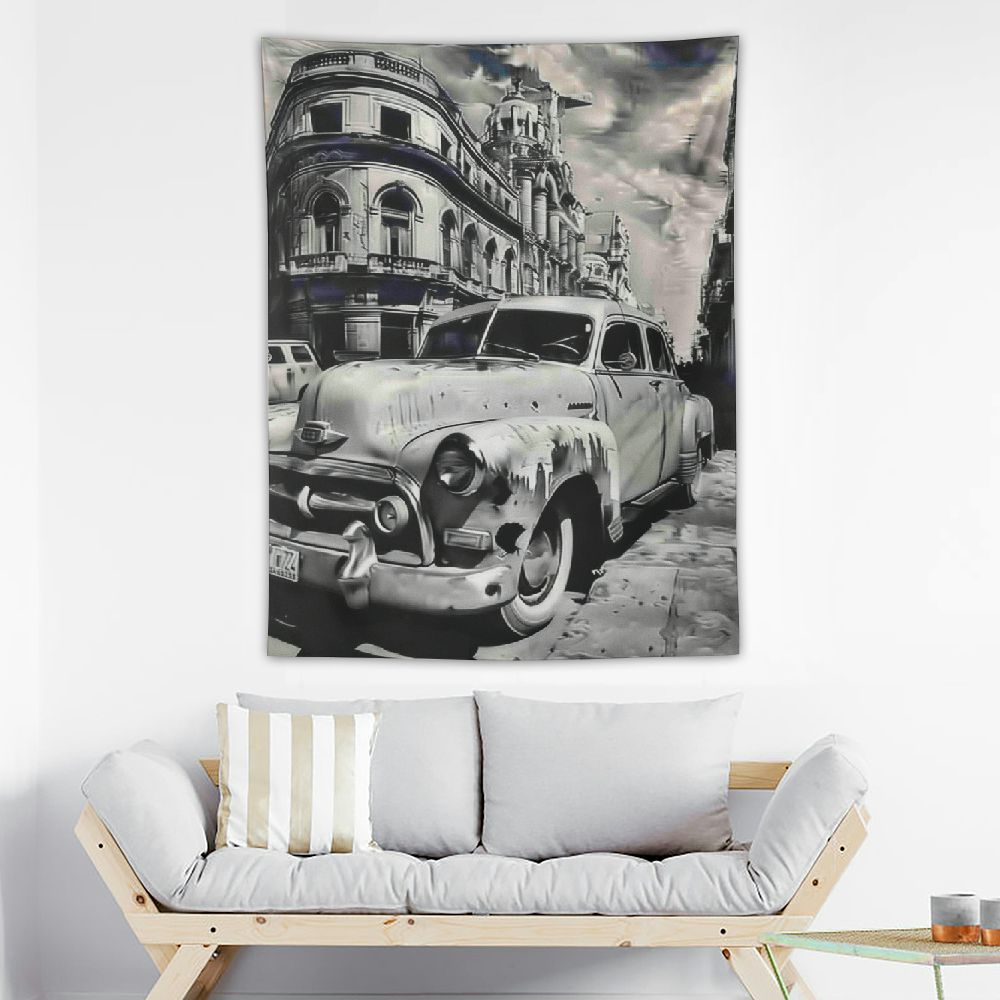 Erxjss Vintage Car Tapestry, Panoramic View of Shabby Old Street ...