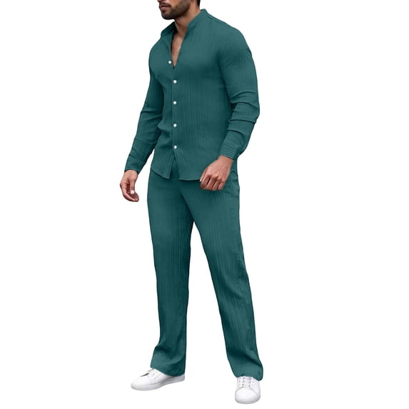 Eryao 2 Piece Sets Men Dressy Casual Button Down Long Sleeve Blouses and Elastic Waist Pants with Pockets Summer Beach Vacation Lounge Suits,Green,S