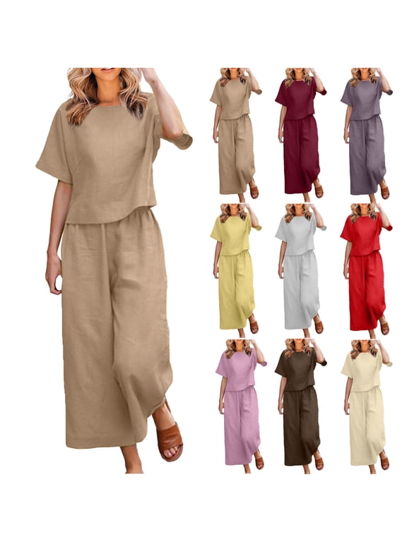 2 Piece Sets for Women Summer Short Sleeve Crewneck Tops Matching Wide Leg Pants with Pockets 2025 Plus Size Vacation Beach Lounge Set People Free Duped,Wine,XXL