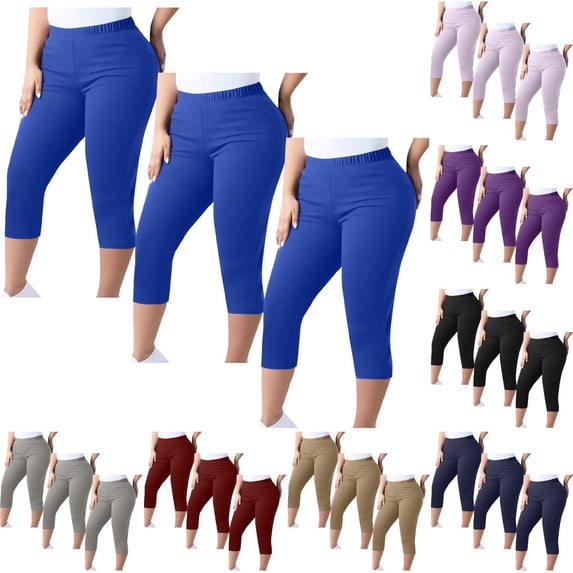 Eryao 3 Pack Womens Plus Size Knee Length Leggings Elastic High Waist Stretchy Yoga Pants Breathable Comfy Workout Athletic Capris,Gray L