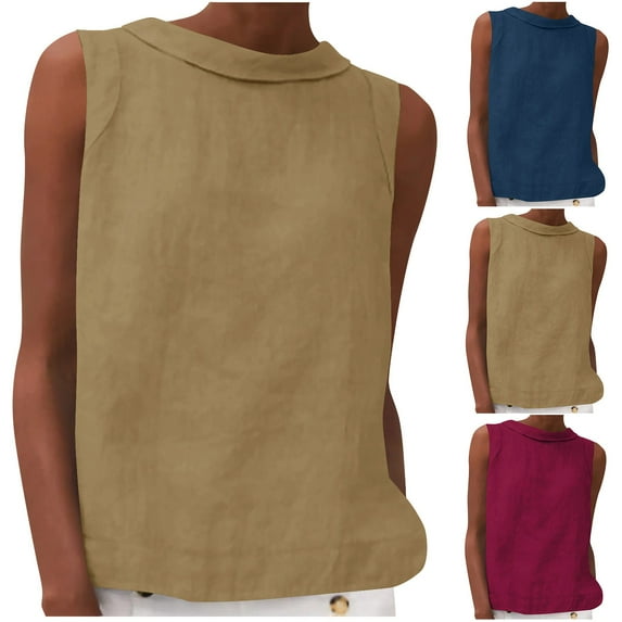 Eryao 90% off Clearance Sale Womens Vacation Tanks Cotton Linen Solid Color Tank Tops Summer Crew Neck Sleeveless Shirts,Hot Pink,M