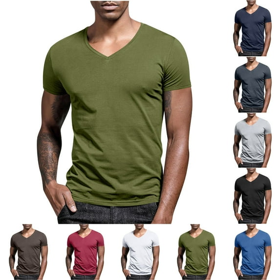 Eryao Basic V Neck Tees for Men Slim Fit Short Sleeve Muscle Shirts Casual Solid Color Classic Workout Beach Tshirt,Gray,XL
