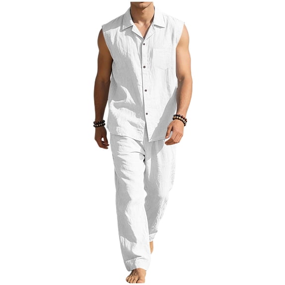 Eryao Big and Tall 2 Piece Set Men Casual Button Down Vest and Elastic Waist Straight Leg Pants with Pockets Summer Beach Vacation Lounge Sets,White,XL