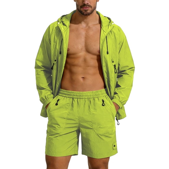 Eryao Big and Tall 2 Piece Set for Men Tracksuit Casual UV Protection Zip Up Hoodie Jacket and Drawstring Waist Shorts with Pockets Summer Beach Vacation Lounge Sets,Green,XXXXL