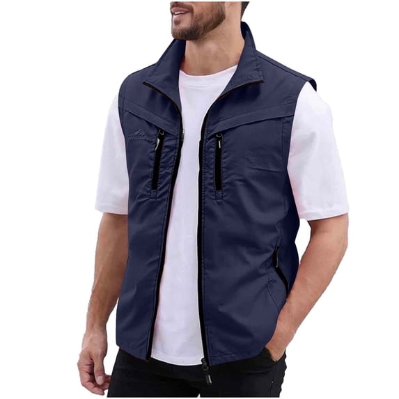 Eryao Big and Tall Fishing Vest for Men Casual Stand Collar Sleeveless Zip Up Jacket Lightweight Breathable Outdoor Travel Vest with Multi Pockets,Blue,XXXL
