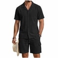 thumbnail image 1 of Eryao Big and Tall Gym Training Sets for Men Summer 2 Piece Beach Linen Outfits Button Down Short Sleeve Lapel Shirts Matching Drawstring Waist Shorts with Pockets,Black,M, 1 of 6