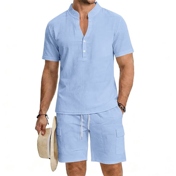 Eryao Big and Tall Gym Workout Active Wear Sets for Men 2 Piece V Neck Button Short Sleeve Shirts Matching Elastic Waist Drawstring Shorts with Pockets Summer Beach Lounge Outfits,Light Blue,M