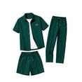 thumbnail image 1 of Eryao Big and Tall Matching Beach Set Men 3 Piece Waffle Knit Short Sleeve Button Down Shirts Matching Pants and Shorts with Pockets Casual Color Block Lounge Sets,Army Green,S, 1 of 6