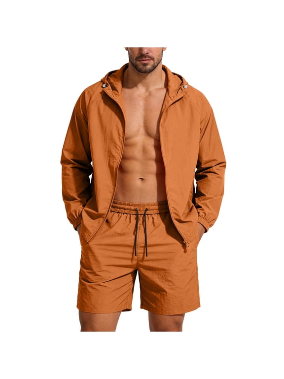 Big and Tall Men Joggers Suits 2 Piece Set Summer Casual Sun Protection Beach Lounge Sets Zip Up Long Sleeve Jacket Hoodies and Athletic Drawstring Shorts with Pockets,Orange,XXXL