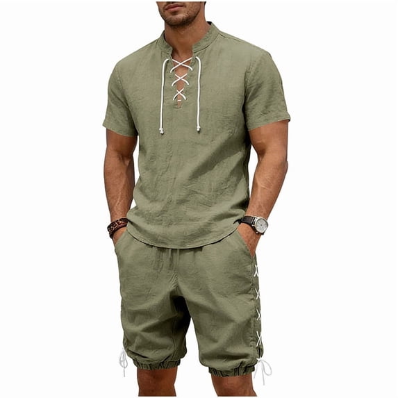 Eryao Big and Tall Men Tracksuit Set 2 Piece Lace Up Short Sleeve Henley Tops Matching Jogger Shorts with Pockets Summer Beach Lounge Sets,Army Green,S