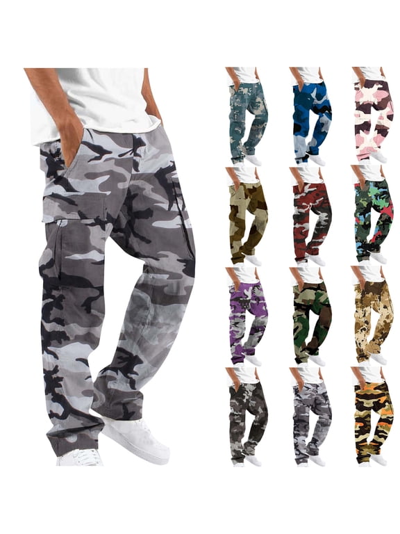 Big and Tall Men's Camouflage Cargo Pants Casual Straight Leg Loose Fit Outdoor Hiking Pants with Pockets Winter Fall Lightweight Sweatpants,Army Green,XXL
