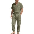thumbnail image 1 of Eryao Big and Tall Mens 2 Piece Linen Set Button Down Short Sleeve Shirts Matching Drawstring Cargo Jogger Pants Lightweight Casual Vacation Outfit Sets,Army Green,XXXL, 1 of 9