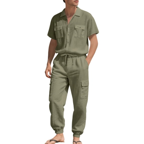 Eryao Big and Tall Mens 2 Piece Linen Set Button Down Short Sleeve Shirts Matching Drawstring Cargo Jogger Pants Lightweight Casual Vacation Outfit Sets,Army Green,XXXL