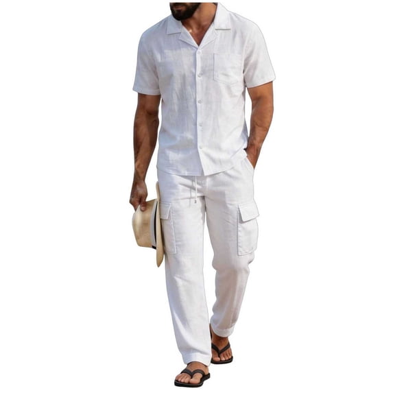 Eryao Big and Tall Mens 2 Piece Set Casual Outfits Summer Button Down Short Sleeve Shirts Matching Cargo Pants with Pockets Lightweight Breathable Athletic Workout Sets,White,XXXL
