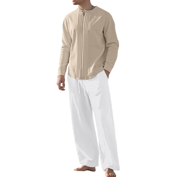 Eryao Big and Tall Mens Casual Outfits 2 Piece Set Cotton Linen Round Neck Long Sleeve Tops and Drawstring Pants with Pockets Beach Vacation Lounge Sets,Beige,XXXL
