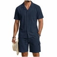 thumbnail image 1 of Eryao Big and Tall Mens Gym Set 2 Piece Button Down Short Sleeve Shirts Matching Drawstring Jogger Shorts with Pockets Summer Cotton Linen Lounge Sets,Navy,XL, 1 of 6