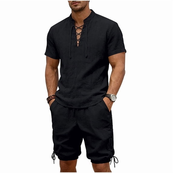 Eryao Big and Tall Mens Jogger Outfits Sets 2 Piece Short Sleeve Lace V Neck Tops Matching Drawstring Shorts with Pockets Summer Beach Loungewear,Black,M