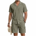 thumbnail image 1 of Eryao Big and Tall Mens Joggers Set 2 Piece Short Sleeve Button Down Shirts Matching Drawstring Shorts with Pockets Summer Lounge Linen Sets,Army Green,M, 1 of 6