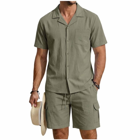 Eryao Big and Tall Mens Joggers Set 2 Piece Short Sleeve Button Down Shirts Matching Drawstring Shorts with Pockets Summer Lounge Linen Sets,Army Green,M