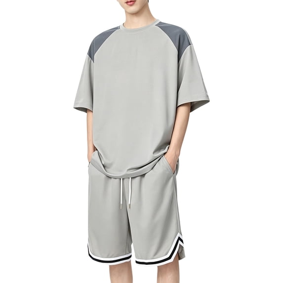 Eryao Big and Tall Mens Tennis Outfits Set 2 Piece Short Sleeve Crewneck Shirts Matching Drawstring Waist Shorts with Pockets Summer Beach Lounge Sets,Gray,XXXL