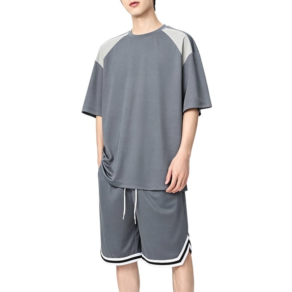 Eryao Big and Tall Mens Workout Outfits Set 2 Piece Crewneck Short Sleeve Tops Matching Drawstring Shorts with Pockets Summer Beach Lounge Sets,Dark Gray,XXXL