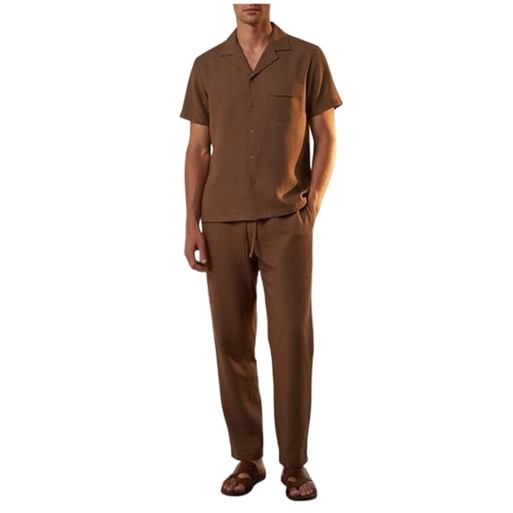 Eryao Big and Tall Set for Men 2 Piece Outfit Casual Button Down Shirts Matching Drawstring Waist Pants with Pockets Summer Beach Vacation Lounge Sets,Coffee,XXXL