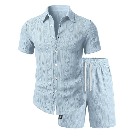 Eryao Big and Tall Set for Men 2 Piece Outfit Casual Short Sleeve Button Down Blouses and Drawstring Shorts with Pockets Summer Breathable Loungewear,Light Blue,XL