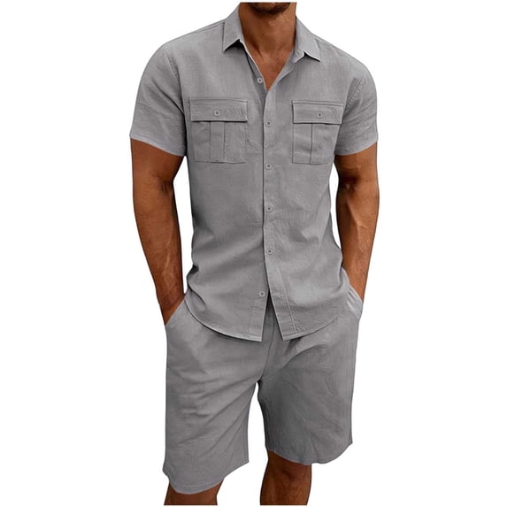 Eryao Big and Tall Sport Wear Men 2 Piece Sets Outfits Casual Button Down Short Sleeve Blouses and Drawstring Waist Shorts with Pockets Summer Breathable Loungewear,Dark Gray,XL