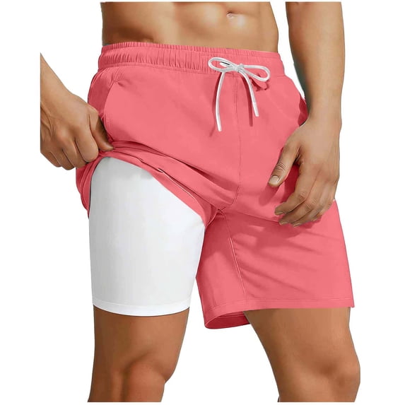 Eryao Big and Tall Swim Trunks for Men Stretch Lightweght Board Shorts with Compression Liner Breathable Multi Pockets Beach Drawstring Shorts,Pink,XXXL