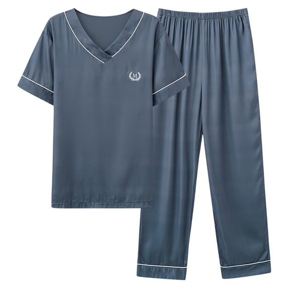 Eryao Big and Tall Men's Pajama Sets Summer 2 Piece V Neck Short Sleeve Shirts Matching Elastic Waist Pants Casual Sleepwear Lounge Set,Navy,XXXL