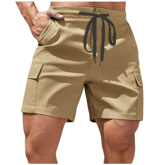 Eryao Big and Tall Outdoor Shorts for Men Drawstring Waisted Cargo Shorts with Pockets Lightweight Casual Solid Beach Shorts,Khaki,XXXL