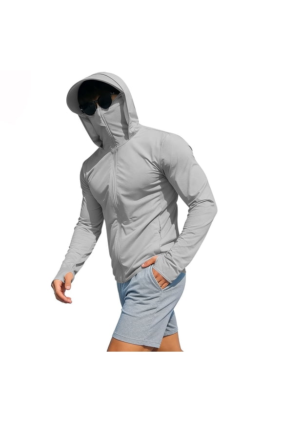 Big and Tall Zip Up Sun Protection Jacket for Men UPF 50+ Thumb Hole Long Sleeve Hooded Shirts with Face Mask,Gray,XXXL