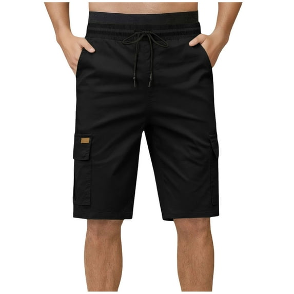 Eryao Black Big and Tall Men's Cargo Shorts Elastic Waist Casual Drawstring Shorts with Multi Pockets Summer Knee Length Beach Vacation Shorts,XXXL