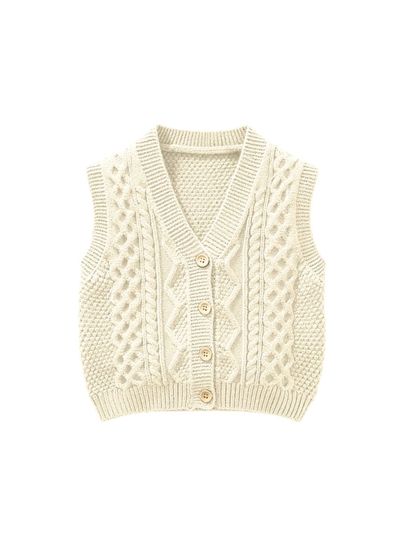 Boys Sweater Vest Unisex Preppy Sleeveless Cable Knit Vests Fall Fashion V Neck Button Front Cardigan for School Holidays Daily Beige,18 Months