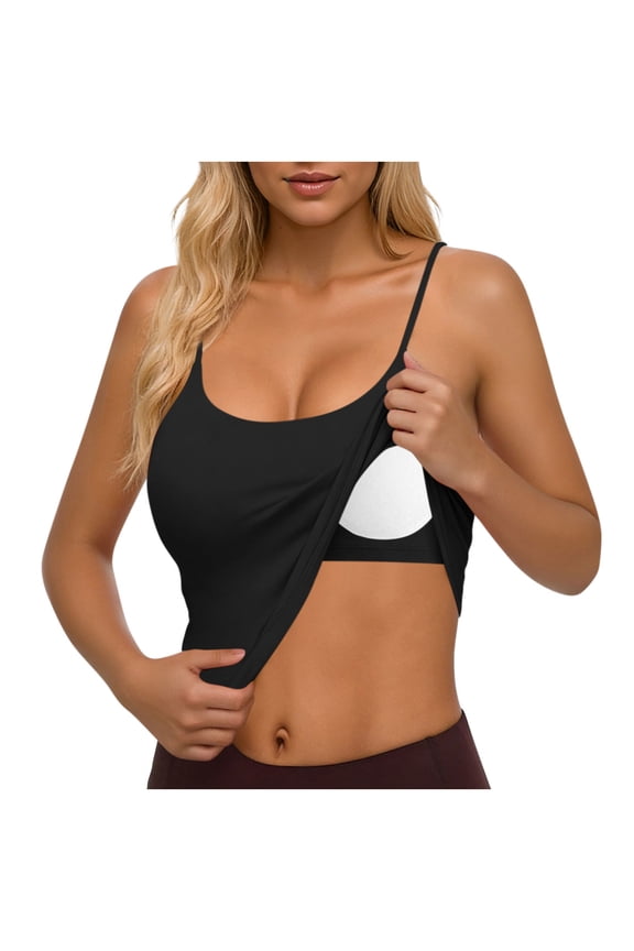 Built In Bra Adjustable Tank Tops for Women Scoop Neck Basic Cami Spaghetti Strap Summer Crop Athletic Workout Tank Top Black,S