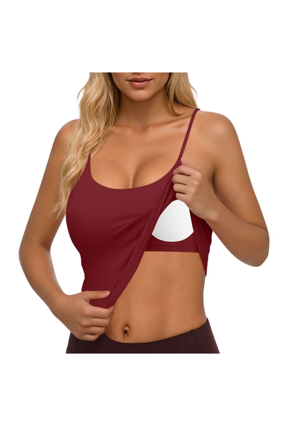 Built In Bra Adjustable Tank Tops for Women Scoop Neck Basic Cami Spaghetti Strap Summer Crop Athletic Workout Tank Top Wine,S