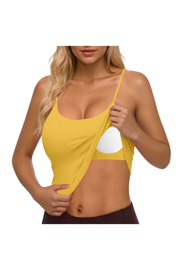Built In Bra Adjustable Tank Tops for Women Scoop Neck Basic Cami Spaghetti Strap Summer Crop Athletic Workout Tank Top Yellow,L