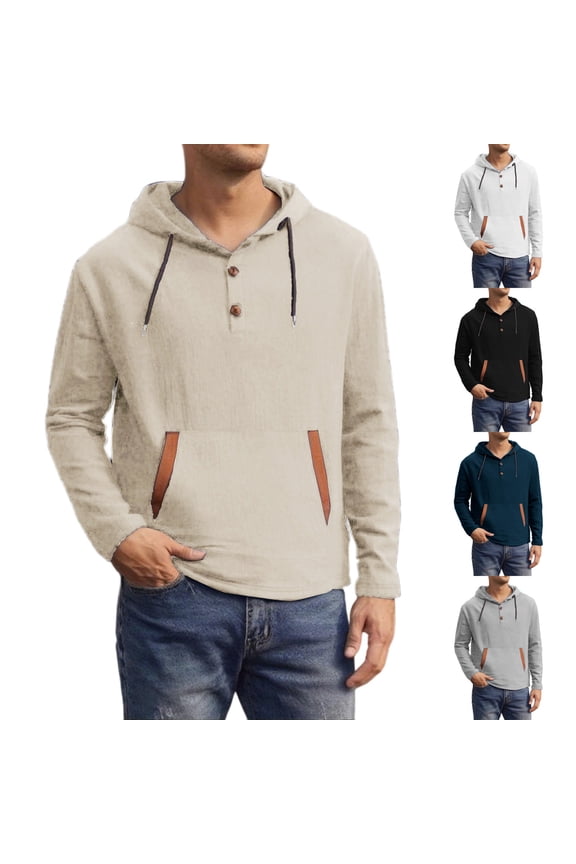 Button V Neck Hoodies for Men Long Sleeve Linen Shirts Summer Lightweight Breathable Pullover Tops,Navy,XL