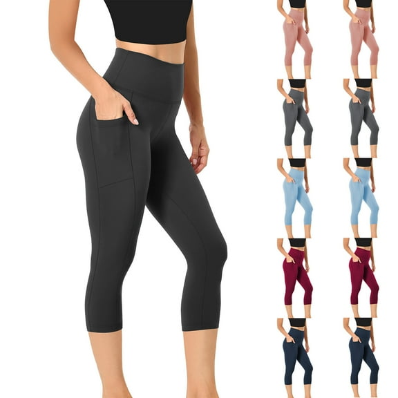 Eryao Capri Leggings for Women Butt Lift with Pockets High Waisted Tummy Control Soft Yoga Capris Basic Solid Color Summer Workout Running Leggings,Black,L
