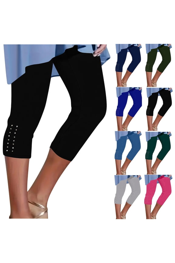 Capris for Women Trendy Rhinestones Hem Leggings Slim Fit Stretchy Comfy High Waisted Cropped Yoga Pants,Blue S