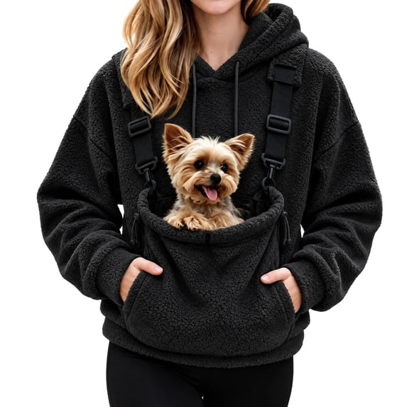 Eryao Cat Carrier Hoodie for Women Winter Fuzzy Fleece Pet Carrying Hoodies with Adjustable Strap Kangaroo Pouch Warm Plus Size Pullover Sweatshirts for Small Dog Holder Black,M