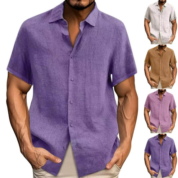 Eryao Cotton Button Down Shirt Men Short Sleeve Lapel Tees Summer Casual Solid Color Basic Shirts Lightweight Wotkout Blouses,Purple,XL