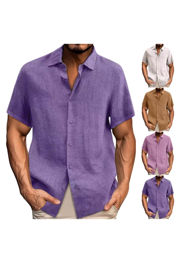 Cotton Button Down Shirt Men Short Sleeve Lapel Tees Summer Casual Solid Color Basic Shirts Lightweight Wotkout Blouses,White,M