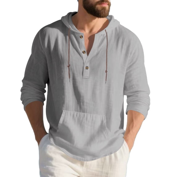 Eryao Cotton Linen Henley Shirts for MenHalf Button Long Sleeve Drawstring Hoodies with Pocket Casual Lightweight Beach Sweatshirts,Dark Gray,XL