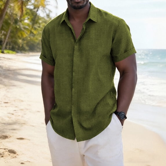 Eryao Cotton Linen Short Sleeve Shirts for Men Casual Button Down Lapel Collar Blouses Lightweight Breathable Beach Shirt,Green,S