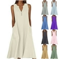 thumbnail image 1 of Eryao Cotton Linen Tank Dress Women Button V Neck Sleeveless Dresses with Pockets Solid Color Summer Midi Dress,Gray,M, 1 of 6