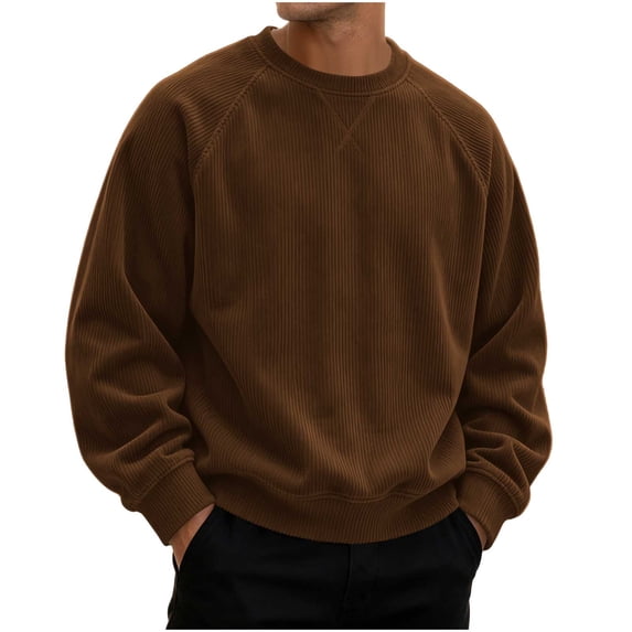 Eryao Cotton Long Sleeve Work Shirts for Men Fall Winter Plain Crew Neck Corduroy Casual Sweatshirt Relaxed Fit Pullover Shirt Sports Athletic Running Lounge Comfy Wear Coffee,L