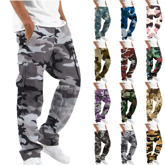 Eryao Big and Tall Men's Camouflage Cargo Pants Casual Straight Leg Loose Fit Outdoor Hiking Pants with Pockets Winter Fall Lightweight Sweatpants,Army Green,M