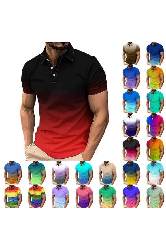 Mens Short Sleeve Gradient Shirts Button Down T Shirts 2025 Summer Casual Workout Lapel Tees,Multicolor,XL